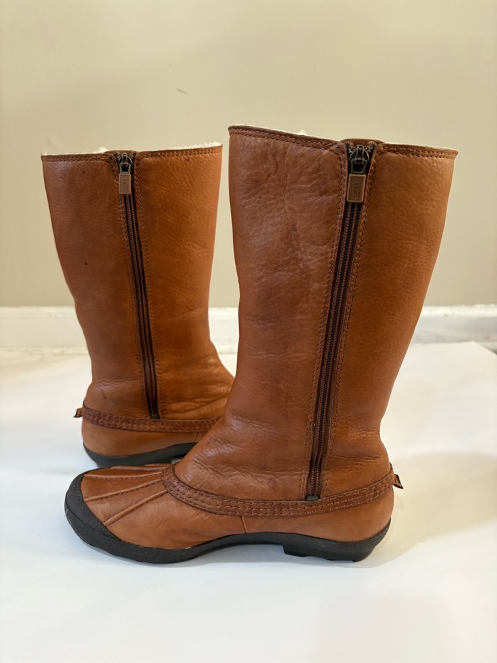 UGG Boots Women 8.5 Brown Leather Shearling Zip Mid Calf Casual Cozy Waterproof - Picture 5 of 11